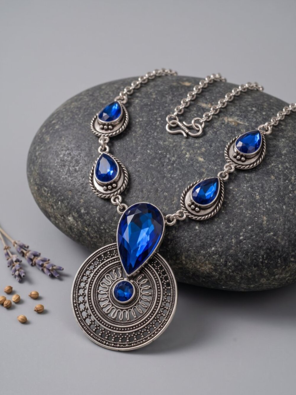 Royal Blue Teardrop Statement Necklace 925 Sterling Silver Bohemian Filigree 20"
